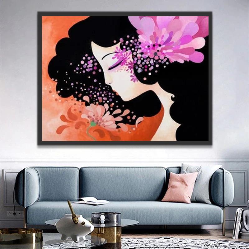 Chica con Flores Moradas sobre Pelo Pintar por Números
