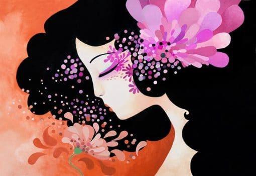 Chica con Flores Moradas sobre Pelo Pintar por Números