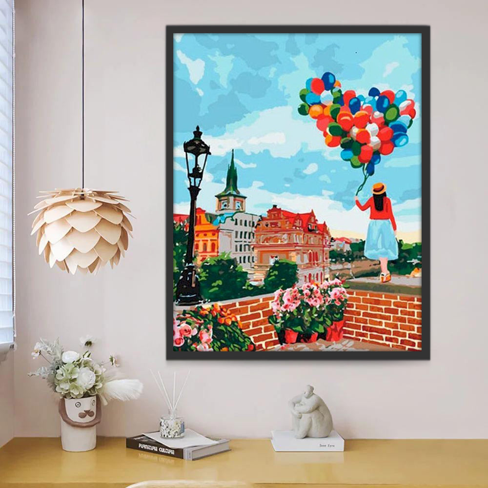 Chica con Globos Coloridos en Balcón Pintar por Números
