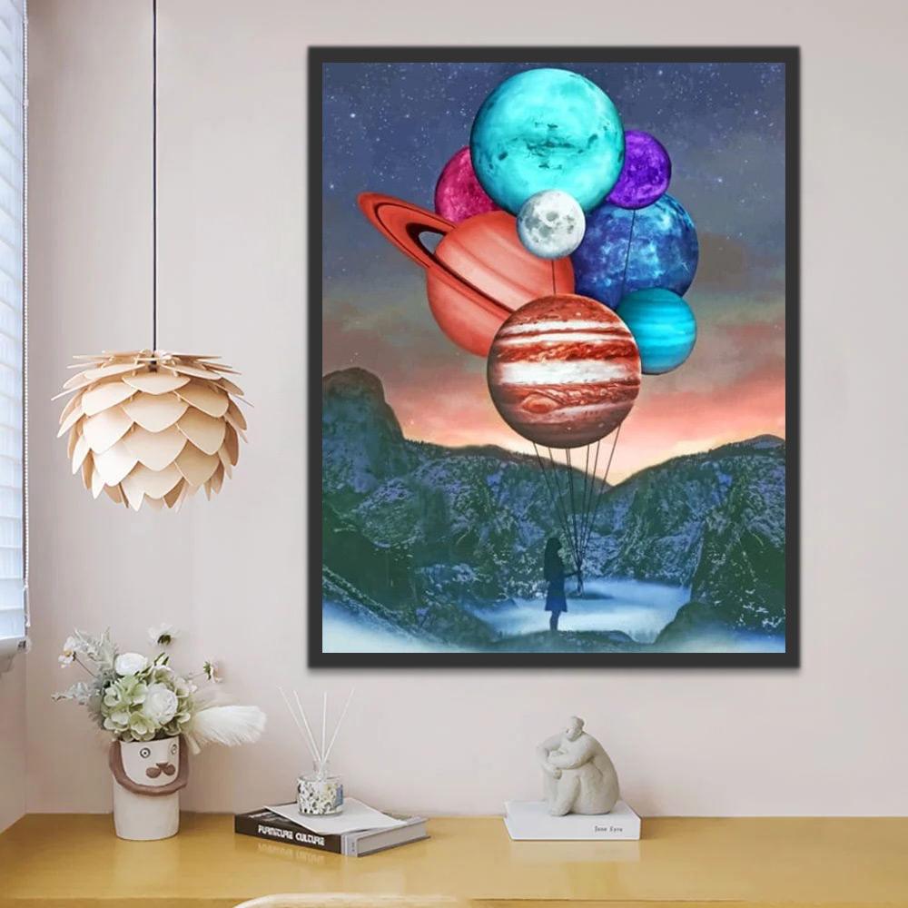 Chica con Globos de Planetas Pintar por Números