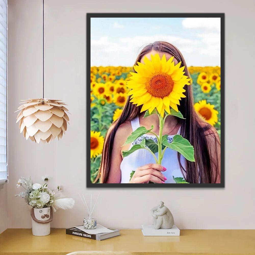 Chica con Rostro Cubierto de Girasol en el Campo Pintar por Números