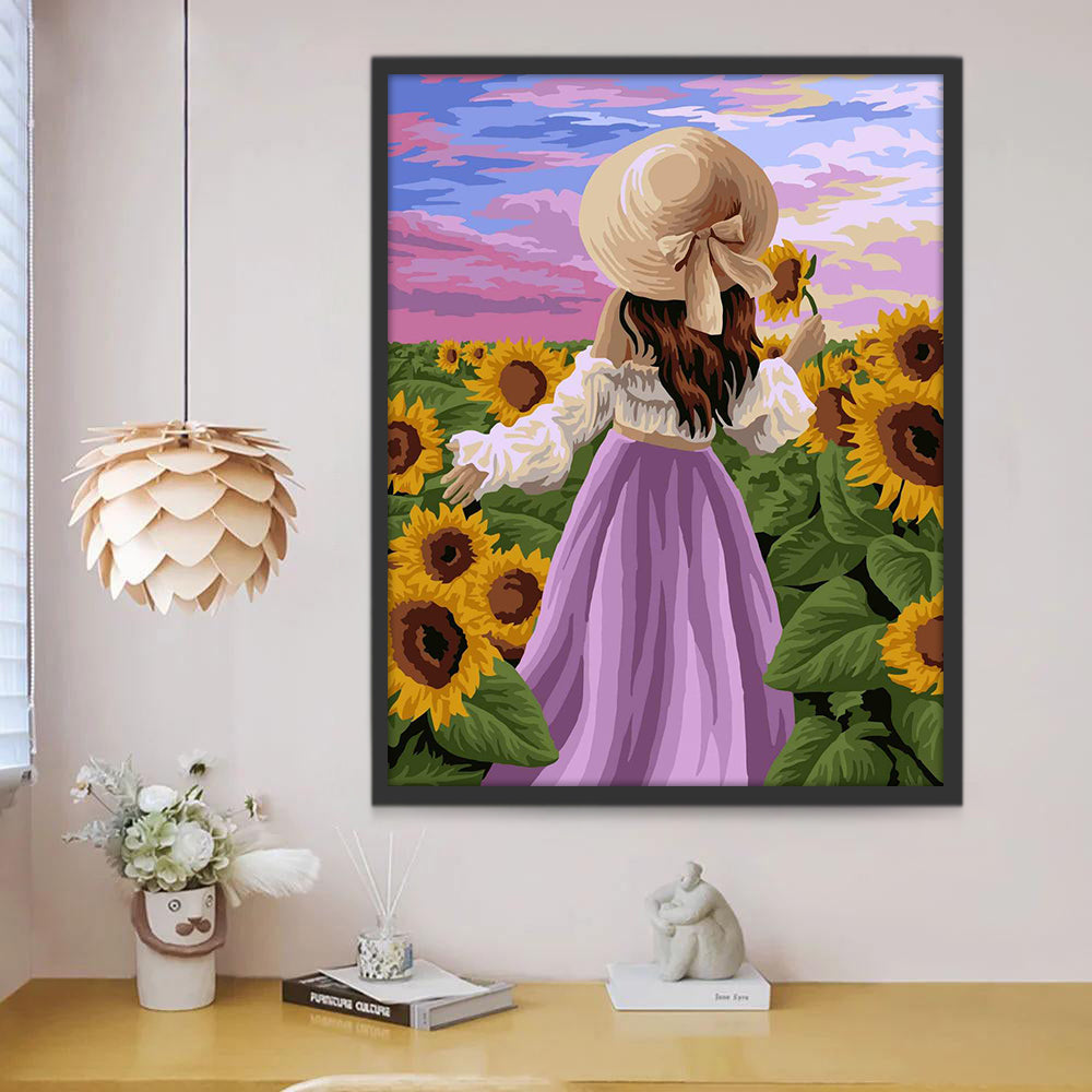 Chica con Sombrero en Medio de Campo de Girasoles Pintar por Números
