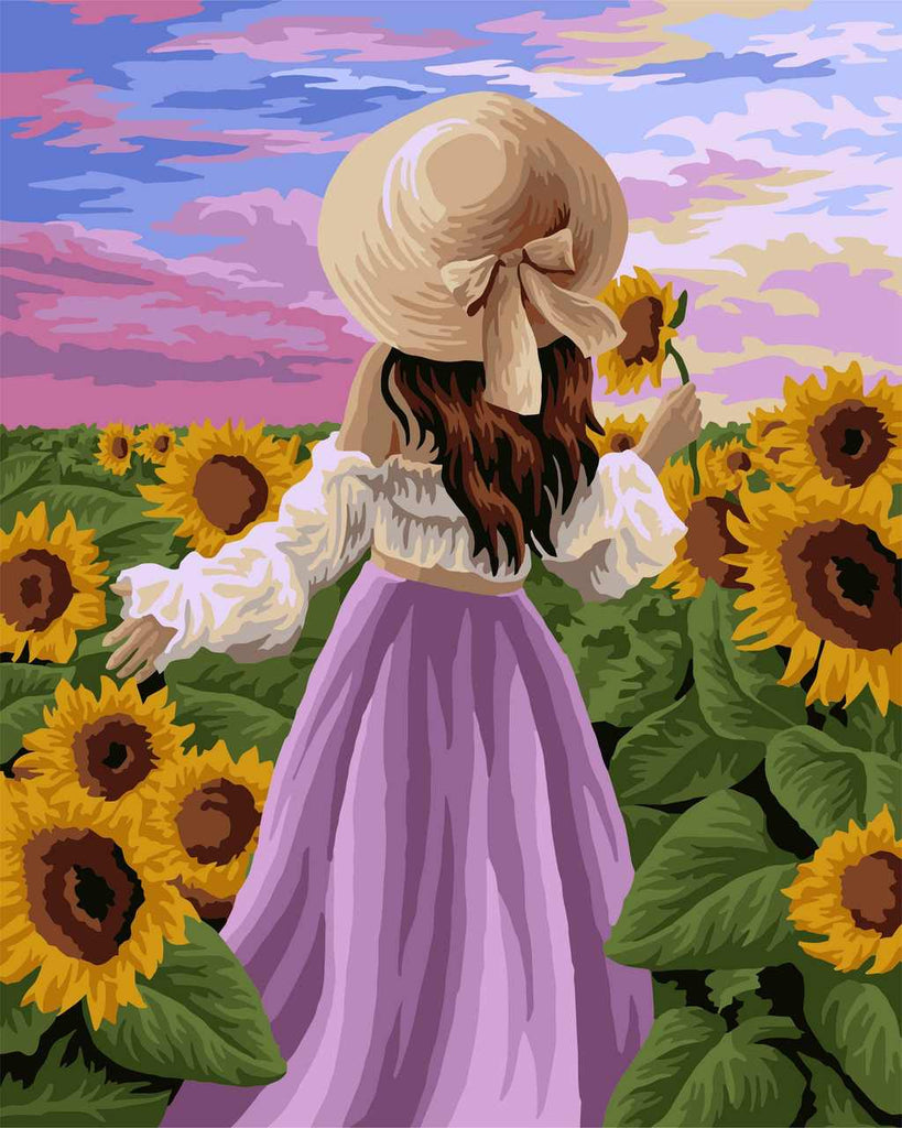 Chica con Sombrero en Medio de Campo de Girasoles Pintar por Números