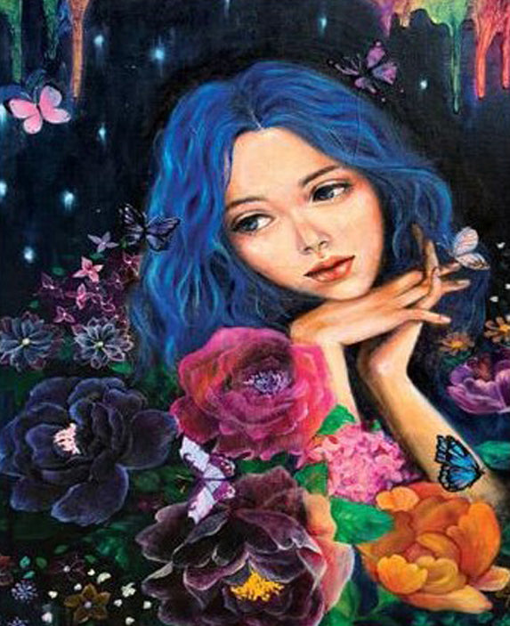 Chica de Cabello Azul Mirando Flores Pintar por Números