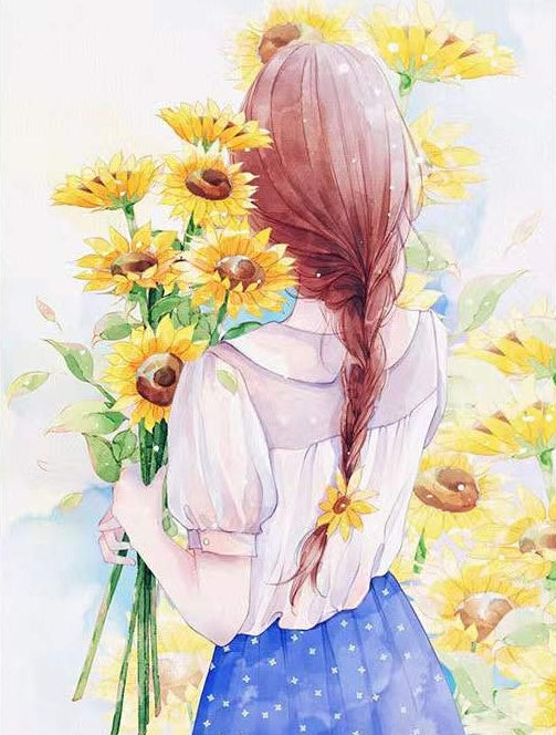Chica de Espalda con Girasoles en las Manos Pintar por Números