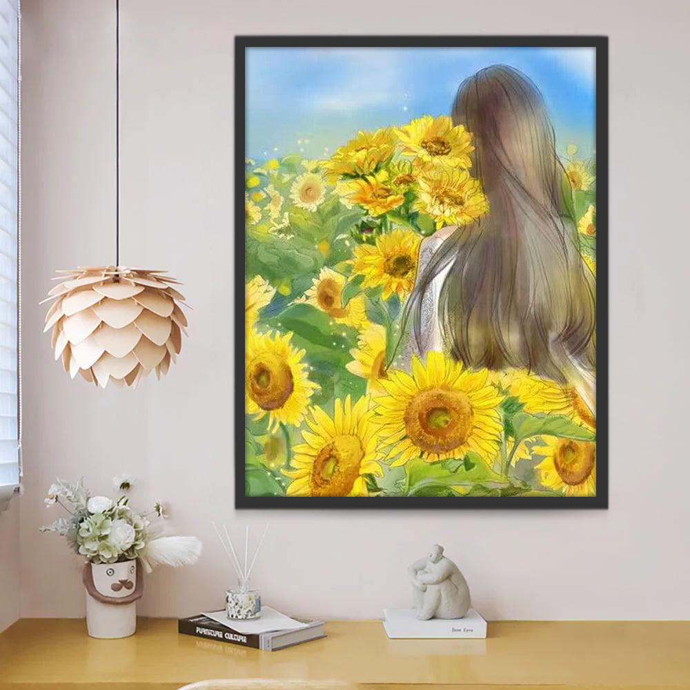 Chica de Espalda entre los Girasoles Pintar por Números