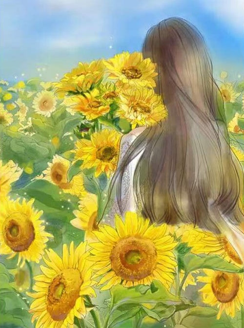 Chica de Espalda entre los Girasoles Pintar por Números