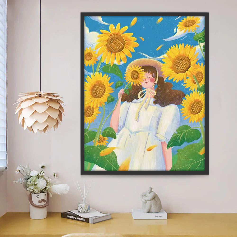 Chica de Vestido Blanco entre los Girasoles Pintar por Números