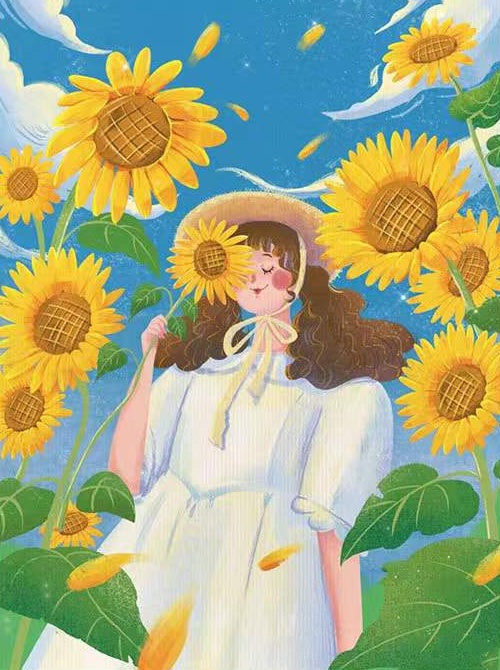 Chica de Vestido Blanco entre los Girasoles Pintar por Números