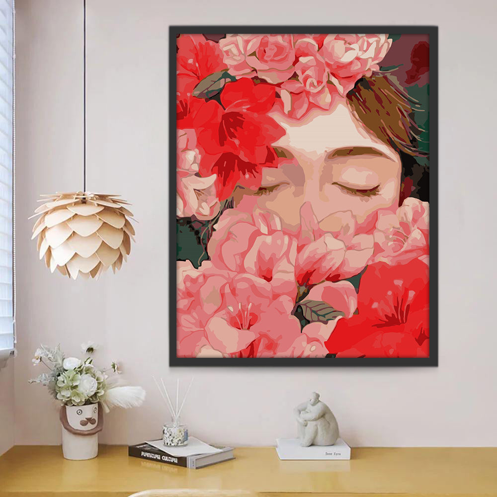 Chica Detrás de Flores Rojas y Rosadas Pintar por Números