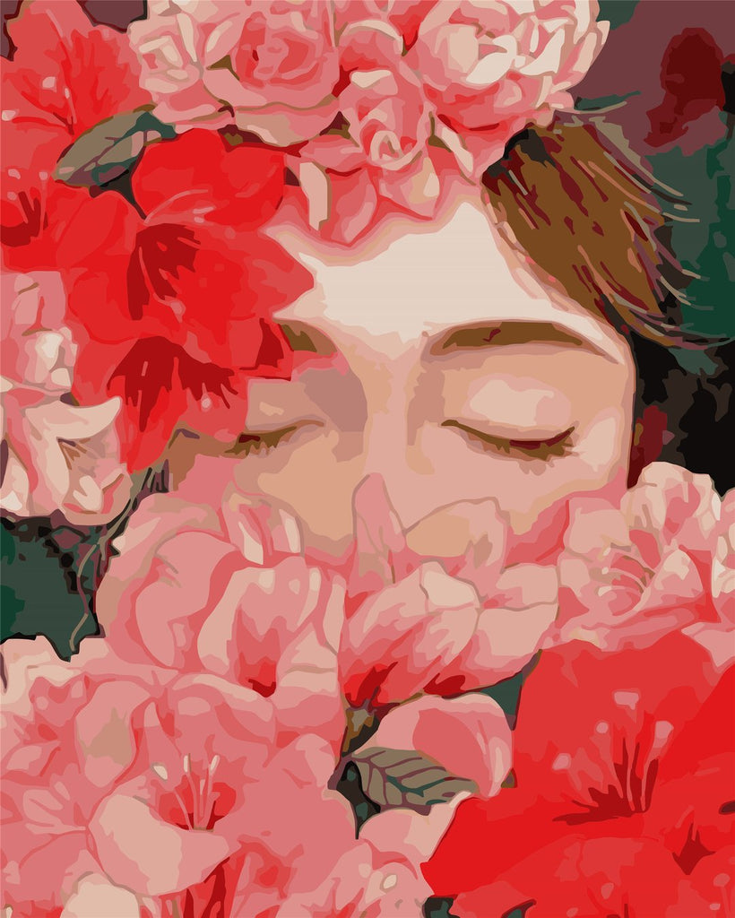 Chica Detrás de Flores Rojas y Rosadas Pintar por Números