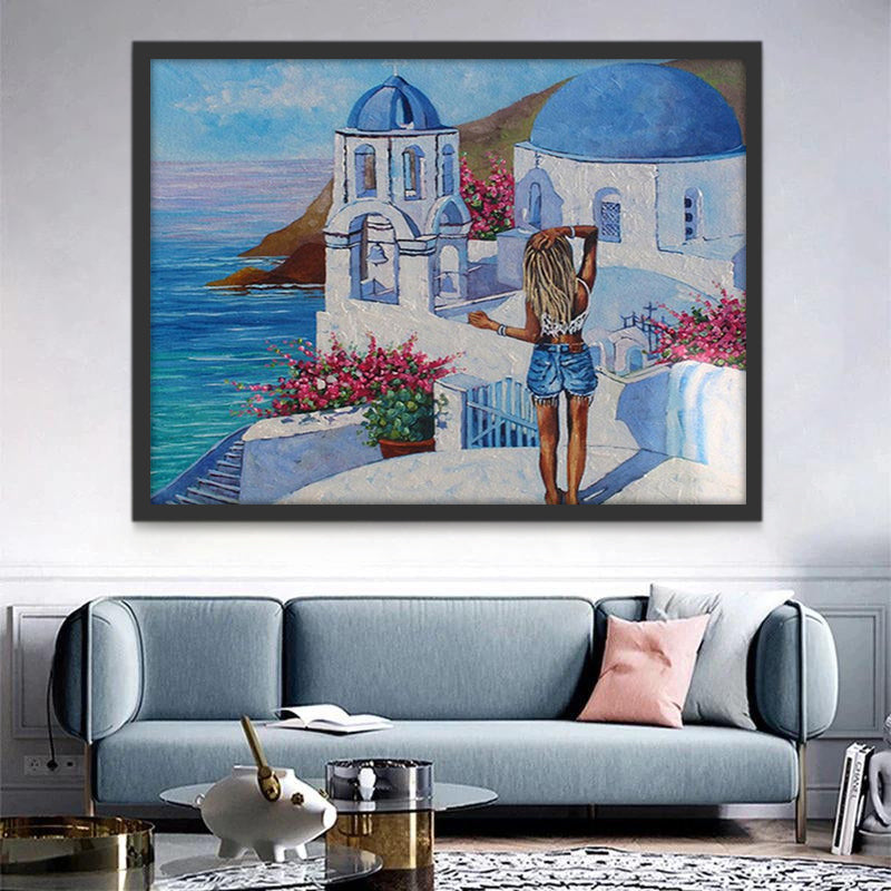 Chica Disfrutando Paisaje de Santorini Pintar por Números