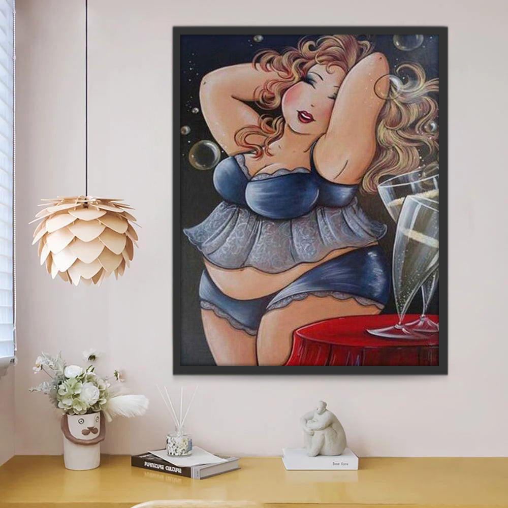 Chica Gorda Vestida de Azul y Copas de Vino sobre Mesa Pintar por Números