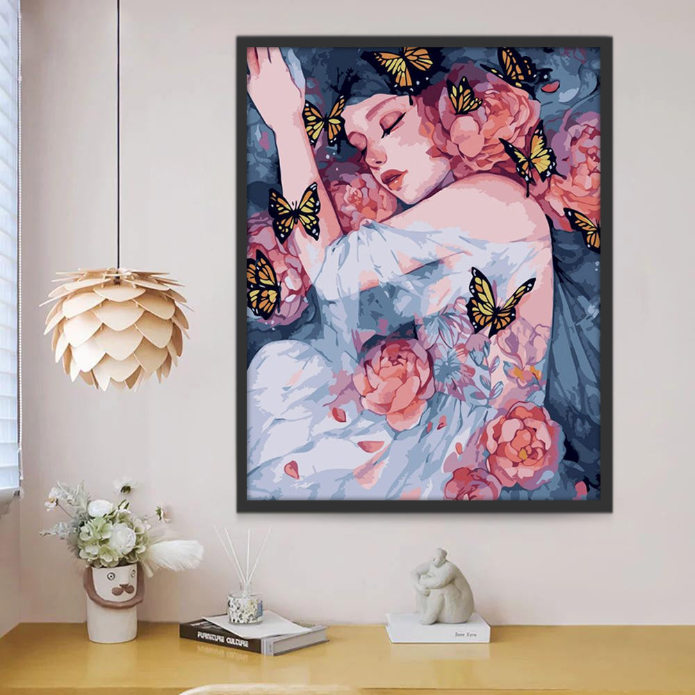 Chica Rodeada de Mariposas y Flores Pintar por Números