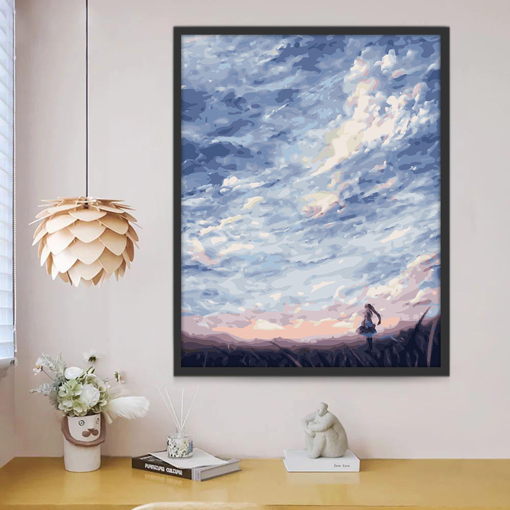 Chica sobre el Césped Mirando las Nubes Blancas Pintar por Números
