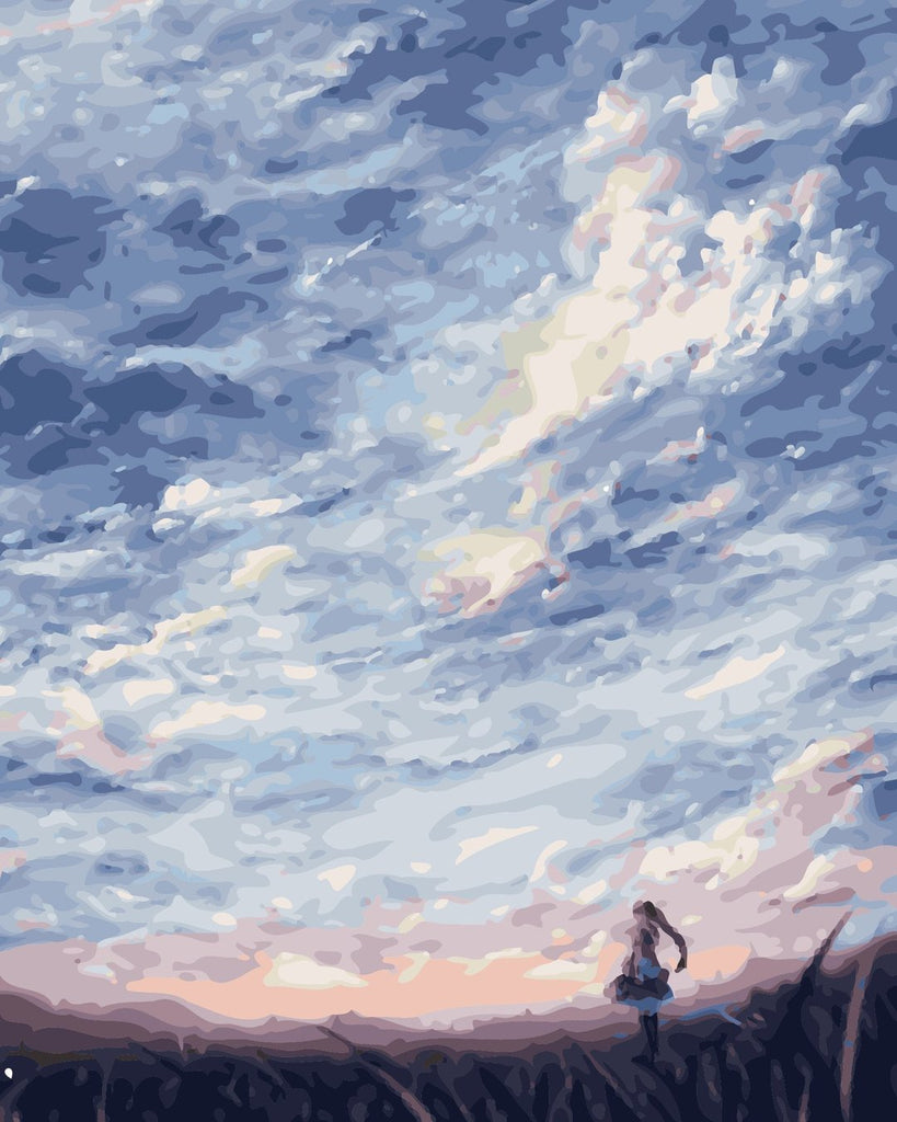 Chica sobre el Césped Mirando las Nubes Blancas Pintar por Números