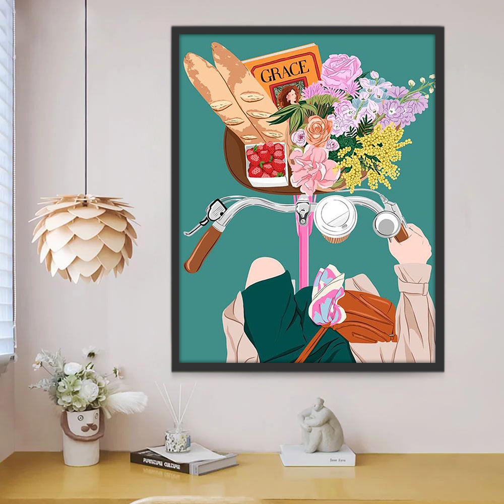 Chica y Bicicleta con Cesta Llena de Flores y Pan Pintar por Números