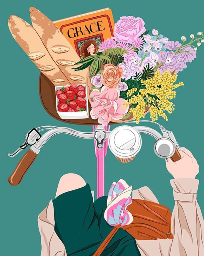 Chica y Bicicleta con Cesta Llena de Flores y Pan Pintar por Números