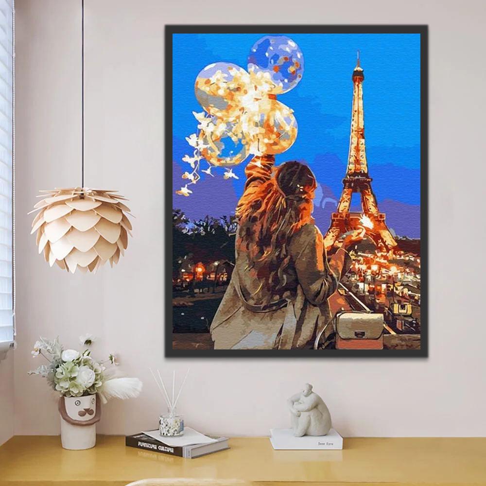 Chica y Globos Led y la Torre Eiffel Pintar por Números