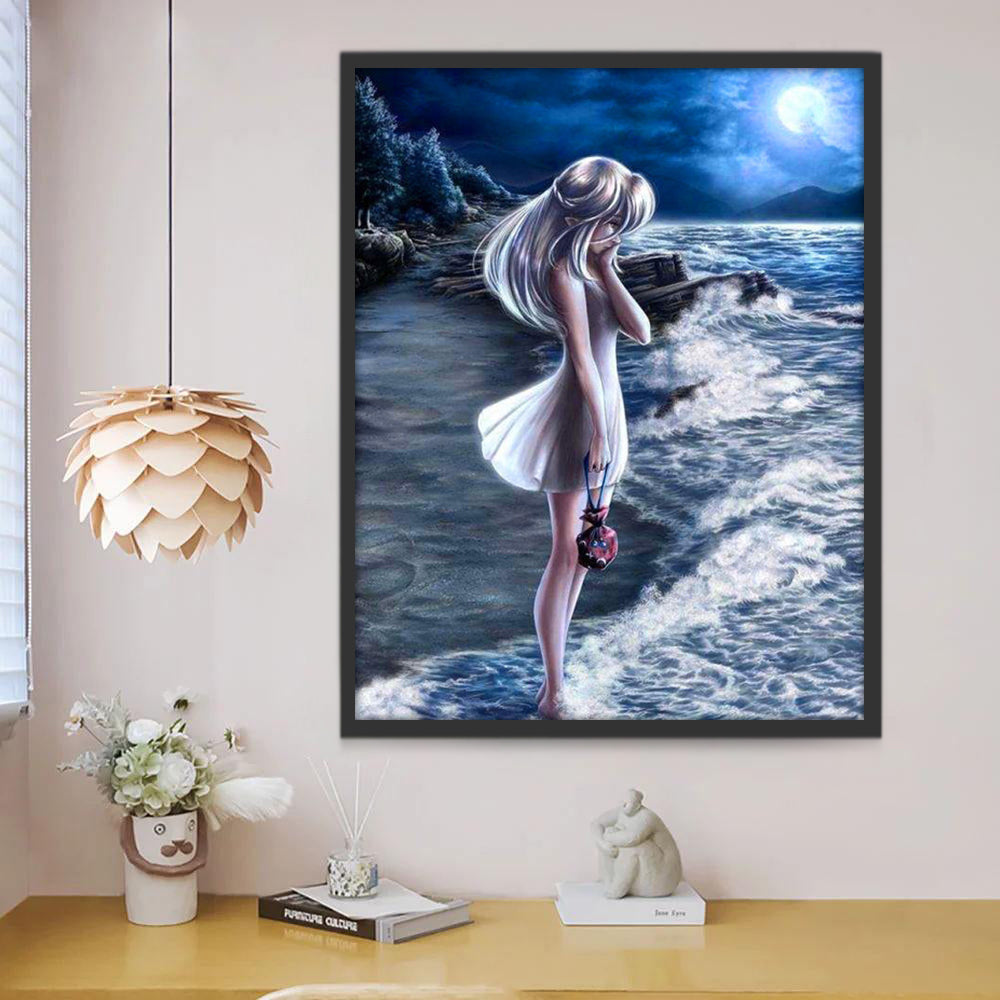 Chica y Mar a la Luz de la Luna Pintar por Números