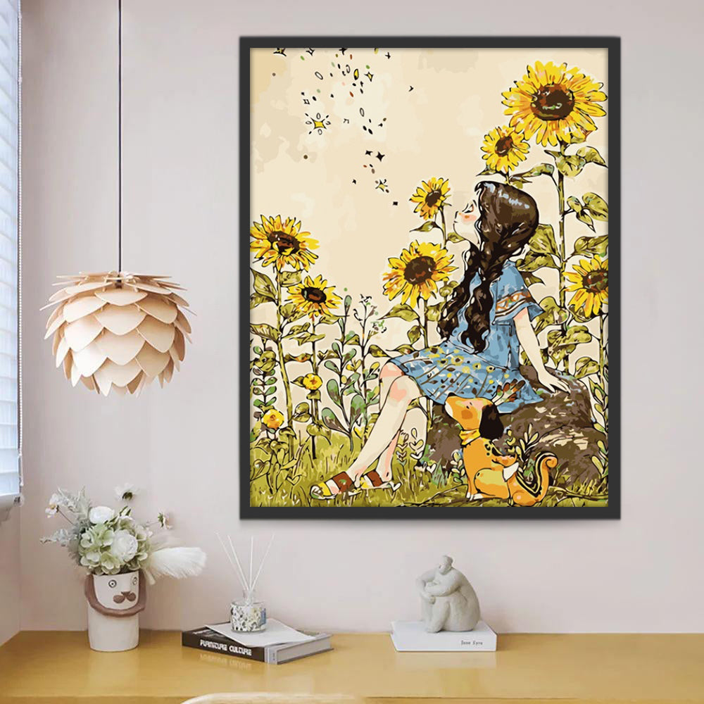 Chica y Perrito Lindo en Campo de Girasol Pintar por Números