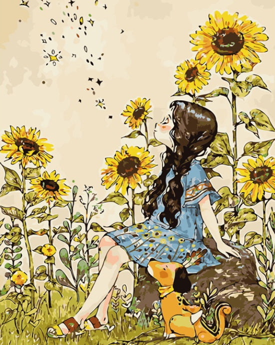 Chica y Perrito Lindo en Campo de Girasol Pintar por Números