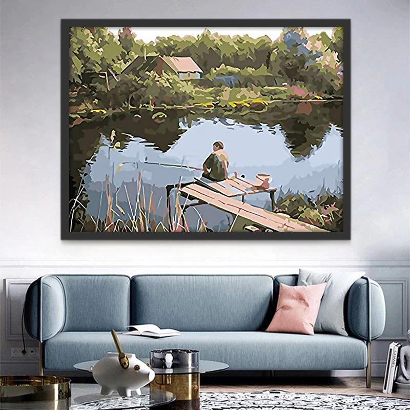 Chico Pescando al Lado de Lago Pintar por Números