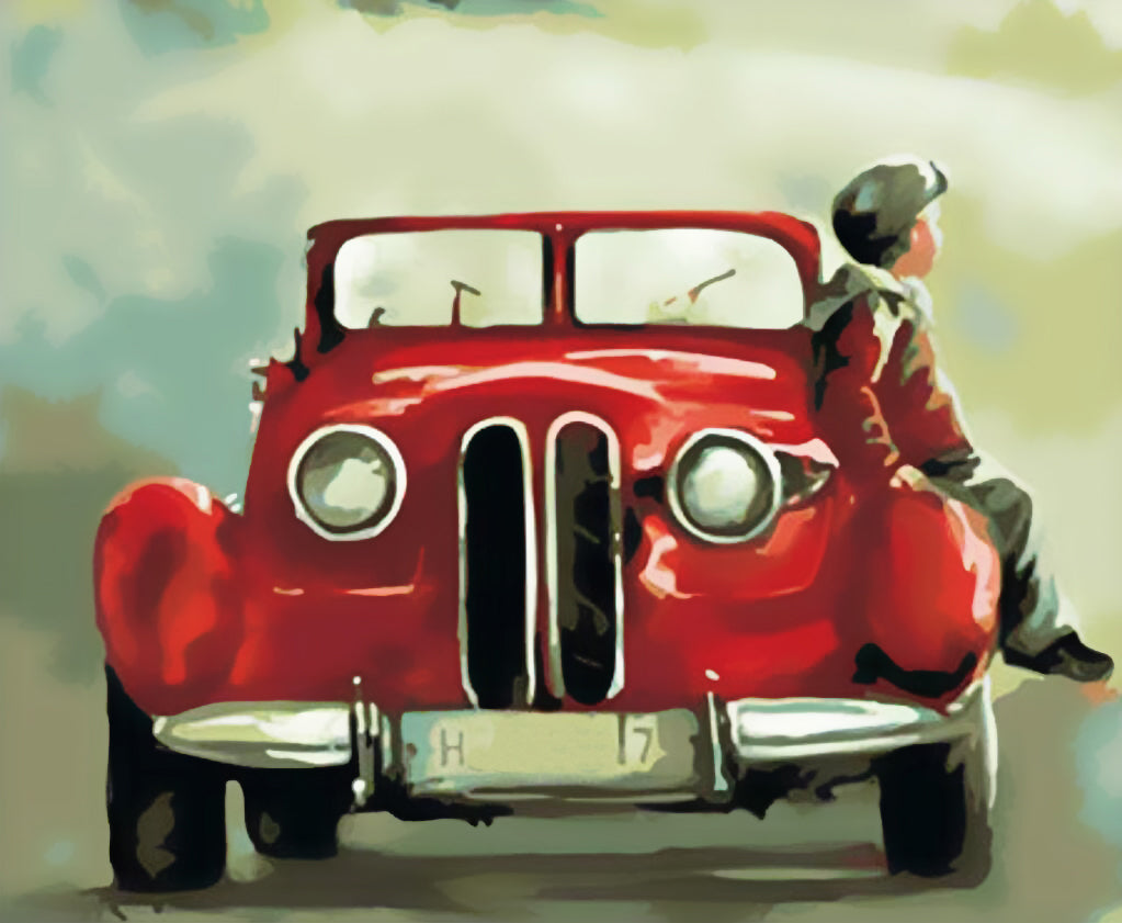 Chico Sentado sobre Coche Rojo Pintar por Números