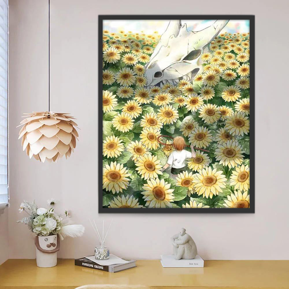 Chico y Cráneo Grande de Dragón entre Girasoles Pintar por Números
