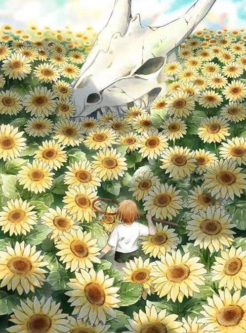 Chico y Cráneo Grande de Dragón entre Girasoles Pintar por Números