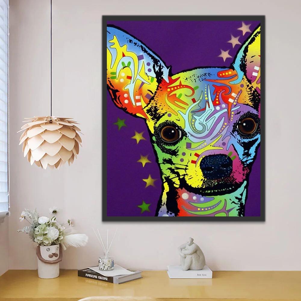 Chihuahua Colorido en Fondo Morado Pintar por Números