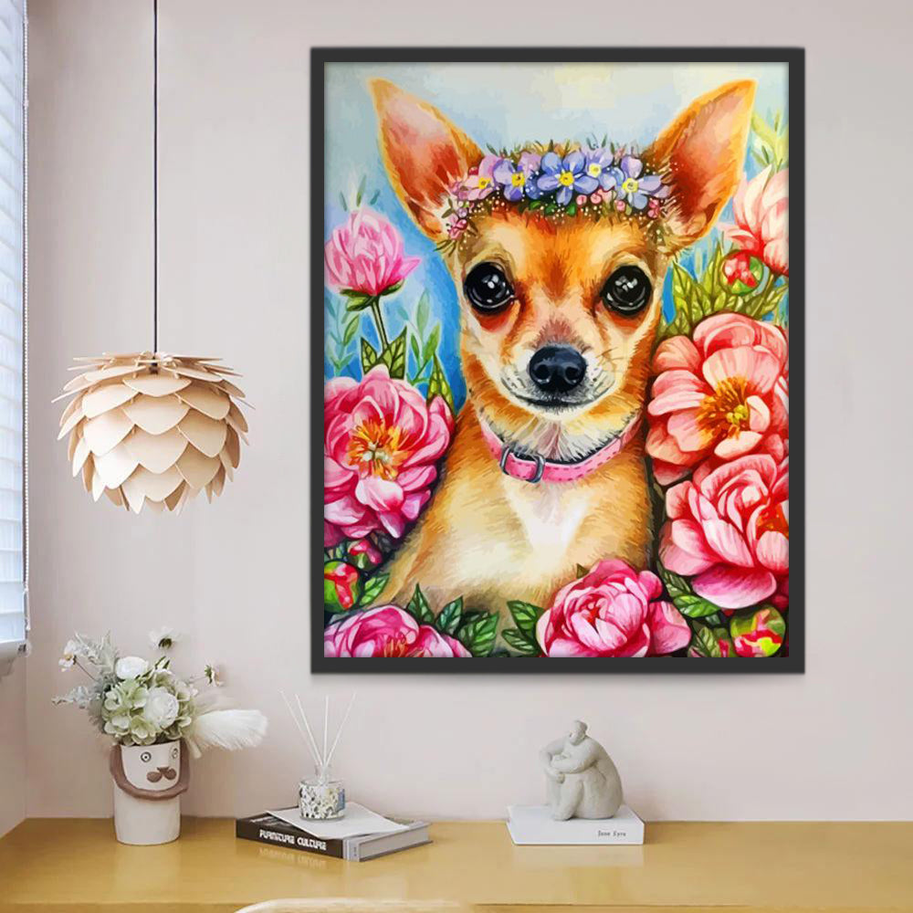 Chihuahua entre las Peonías Rosadas Pintar por Números