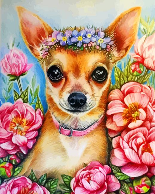 Chihuahua entre las Peonías Rosadas Pintar por Números