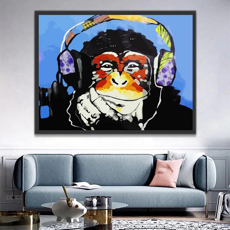 Chimpancé con Sonrisa Llevando con Auriculares Pintar por Números