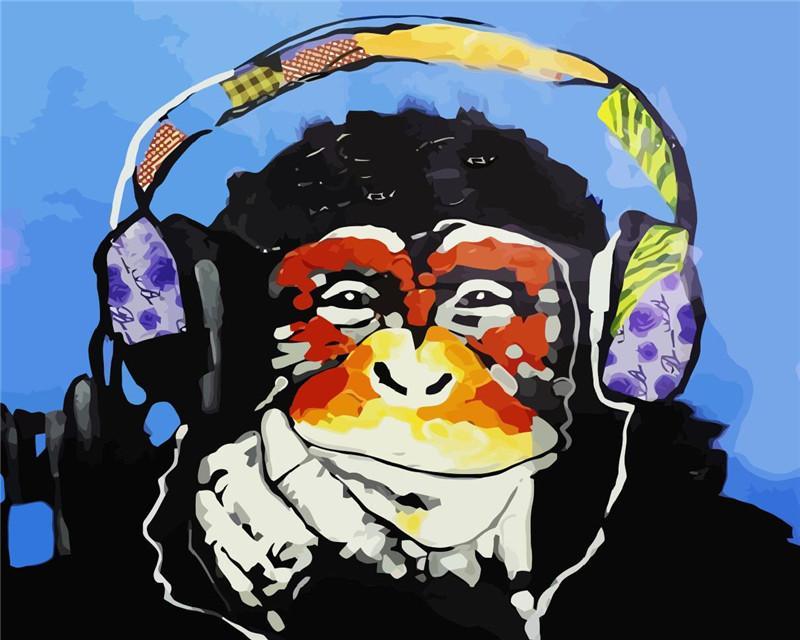 Chimpancé con Sonrisa Llevando con Auriculares Pintar por Números
