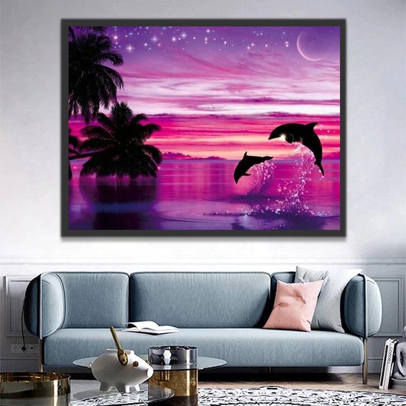 Cielo y Mar Morados con Silueta de Delfines y Árboles Pintar por Números
