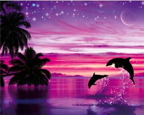 Cielo y Mar Morados con Silueta de Delfines y Árboles Pintar por Números