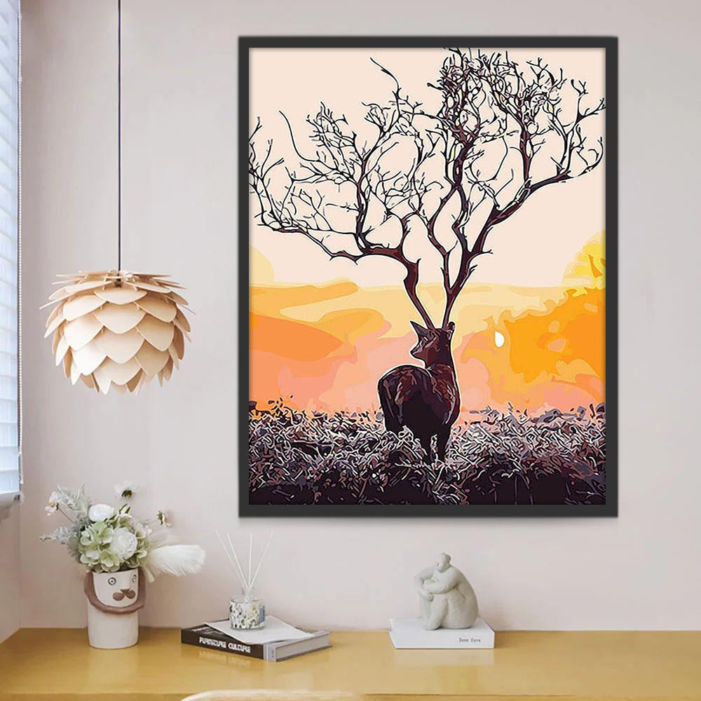 Ciervo con Cuernos de Árbol al Atardecer Pintar por Números