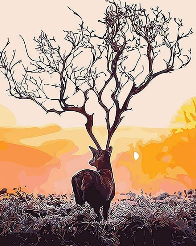 Ciervo con Cuernos de Árbol al Atardecer Pintar por Números