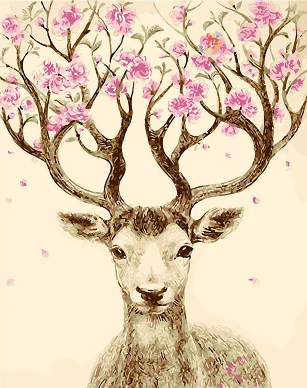 Ciervo con Cuernos de Ramas con Flores Rosadas Pintar por Números