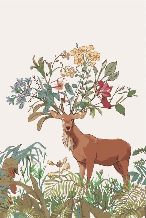 Ciervo con Cuernos Florales en las Plantas Verdes Pintar por Números