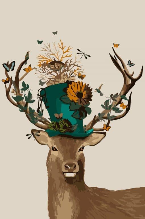 Ciervo con Gorro Verde y Mariposas sobre Cuernos Pintar por Números