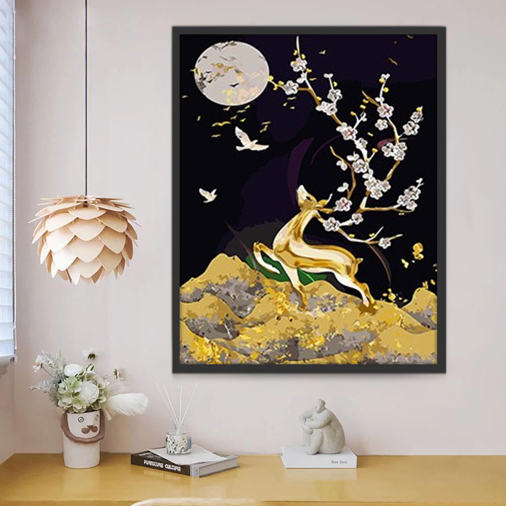 Ciervo Dorado de Cuernos Florales y la Luna sobre Montañas Pintar por Números