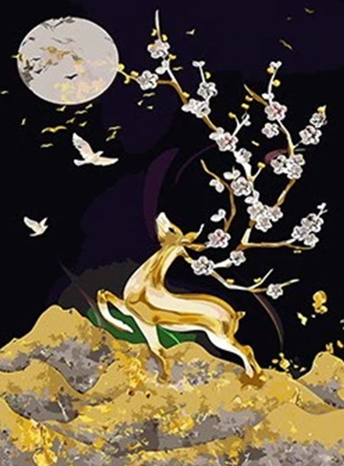 Ciervo Dorado de Cuernos Florales y la Luna sobre Montañas Pintar por Números