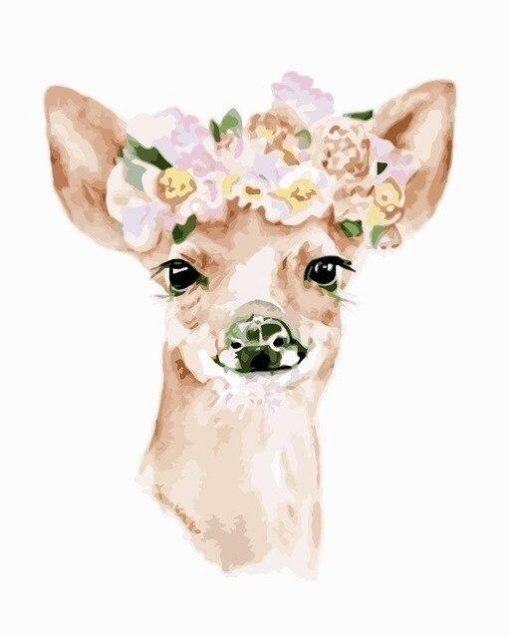 Ciervo Pequeño Lindo con Corona de Flores Rosadas Pintar por Números