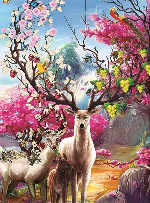 Ciervos con Cuernos Florales con Fondo de Árboles Pintar por Números