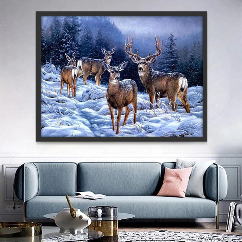 Ciervos en la Nieve con Fondo de Bosque Pintar por Números