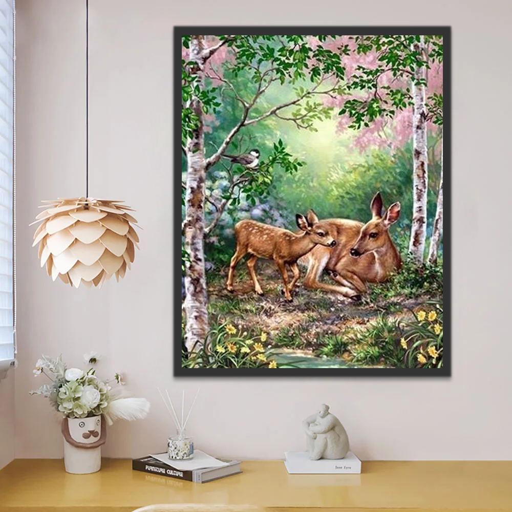 Ciervos sobre el Césped de Bosque Pintar por Números