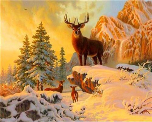 Ciervos y Bosque en el Invierno al Sol Pintar por Números