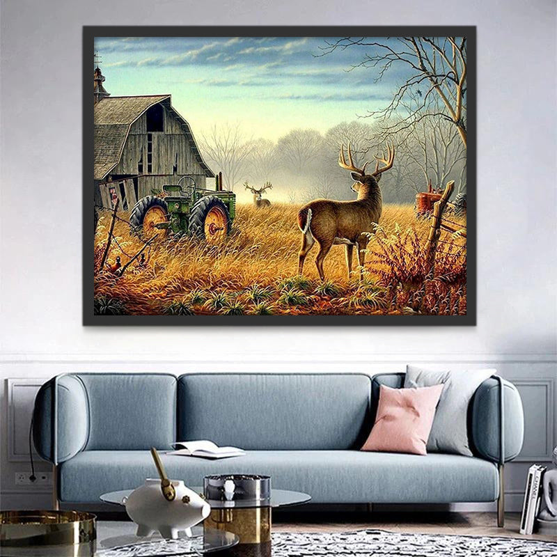 Ciervos y Casa de Granja en Otoño Pintar por Números